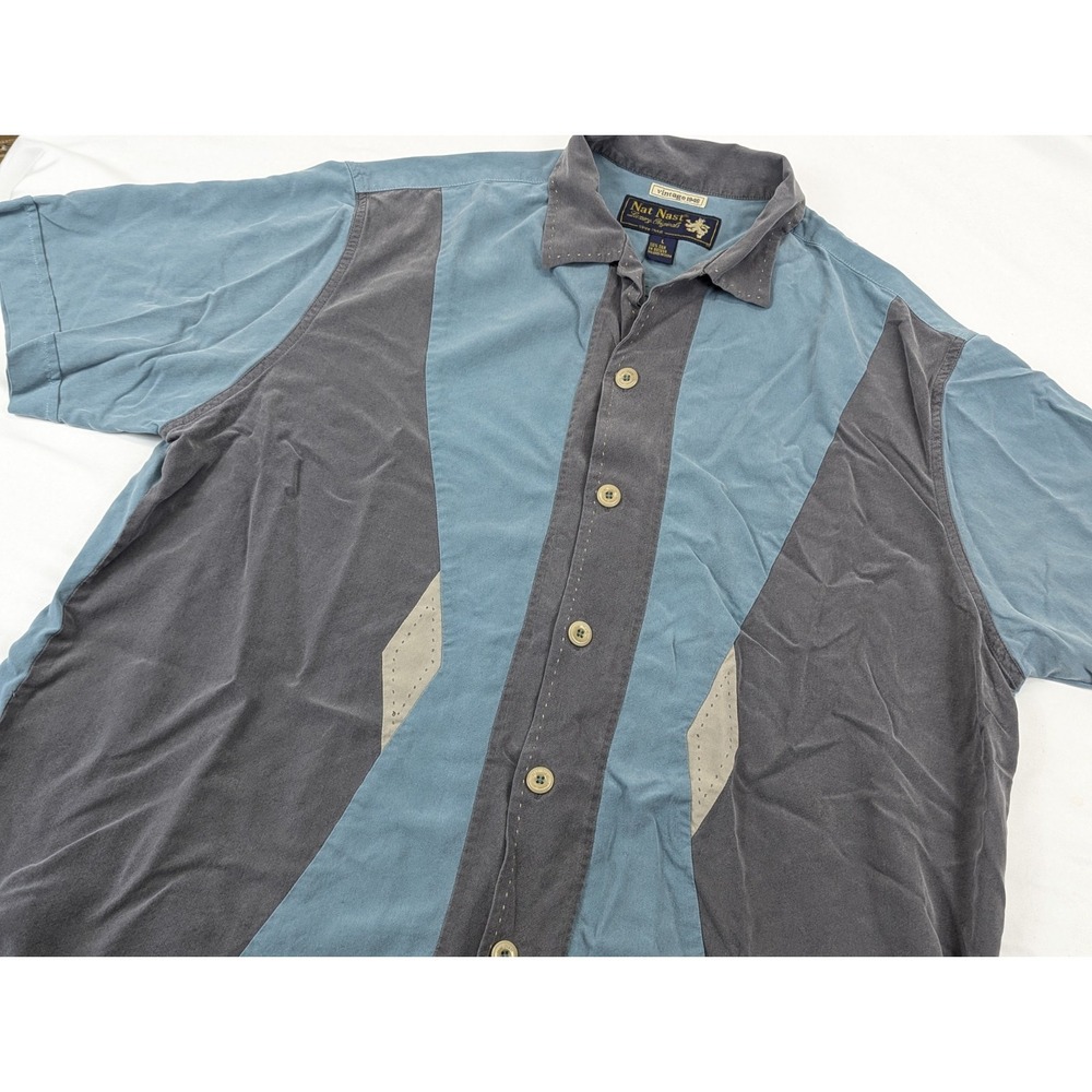 Nat Nast Tony Soprano Style Diamonds Bowling‎ Shirt Collar Silk Mens LG